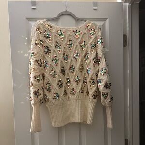 Anthropologie Cream Sweater with Colorful Sequins